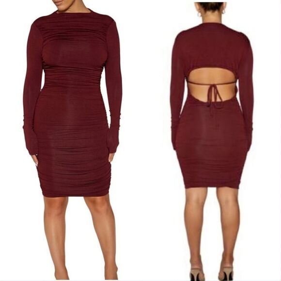 Naked Wardrobe - XS -  Back to the Ruched Long Sleeve Cutout Back Dress - Wine - Picture 1 of 5